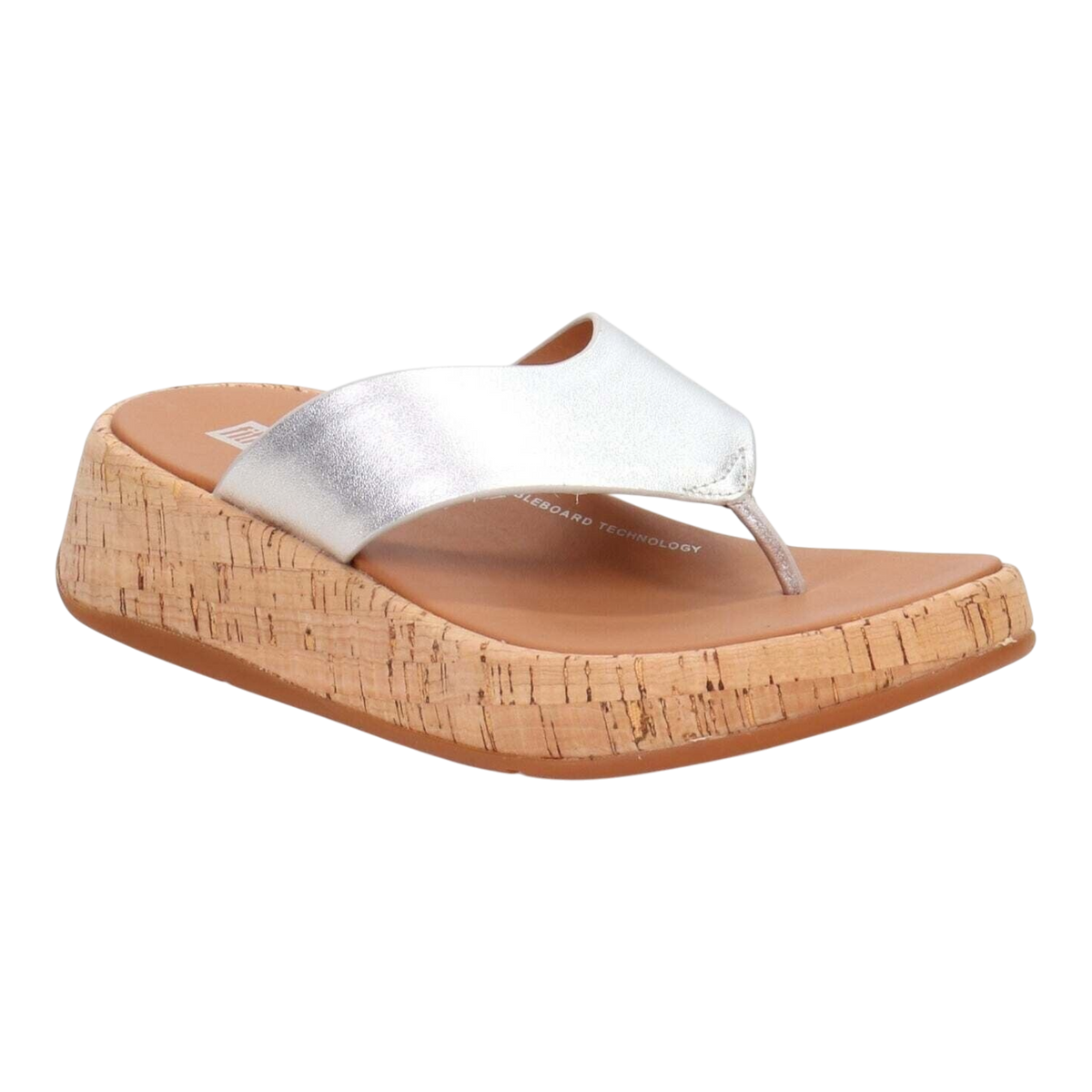 FitFlop F Mode Cork Flatform Toe Post Women's Slides — Silver Leather