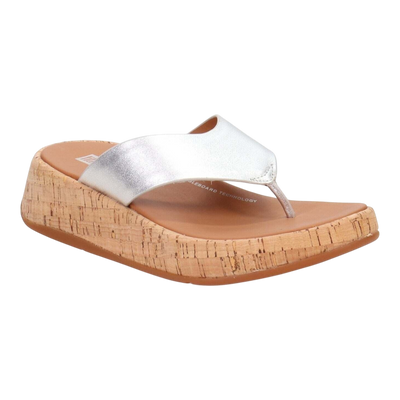 FitFlop F Mode Cork Flatform Toe Post Women's Slides — Silver Leather – product view 1