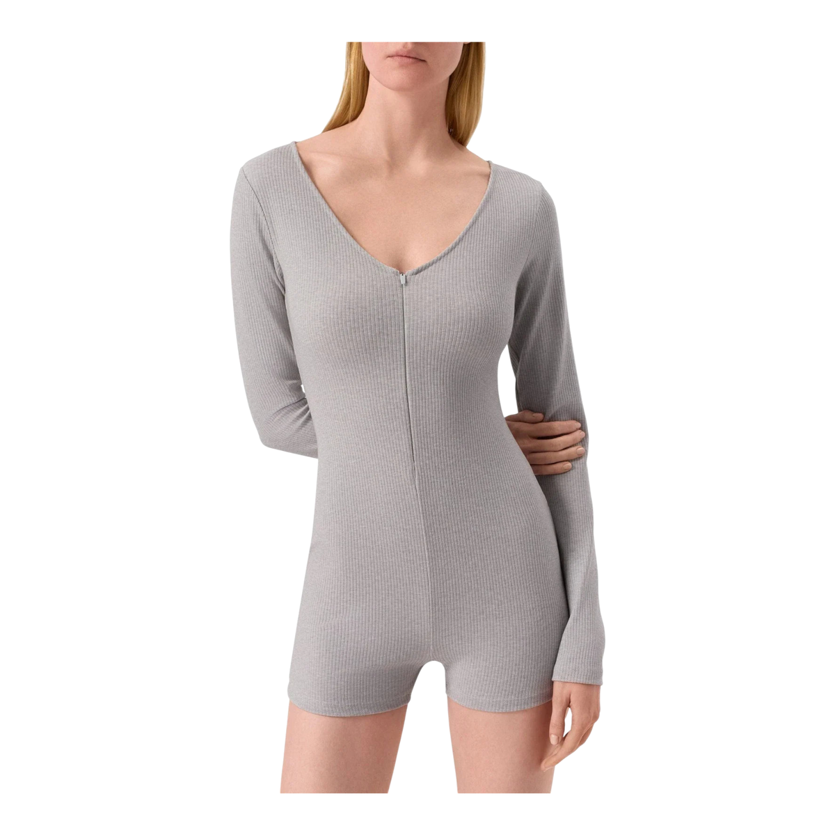 Alo Yoga Rib Half-Zip Long Sleeve Womens Romper — Gray Heather
