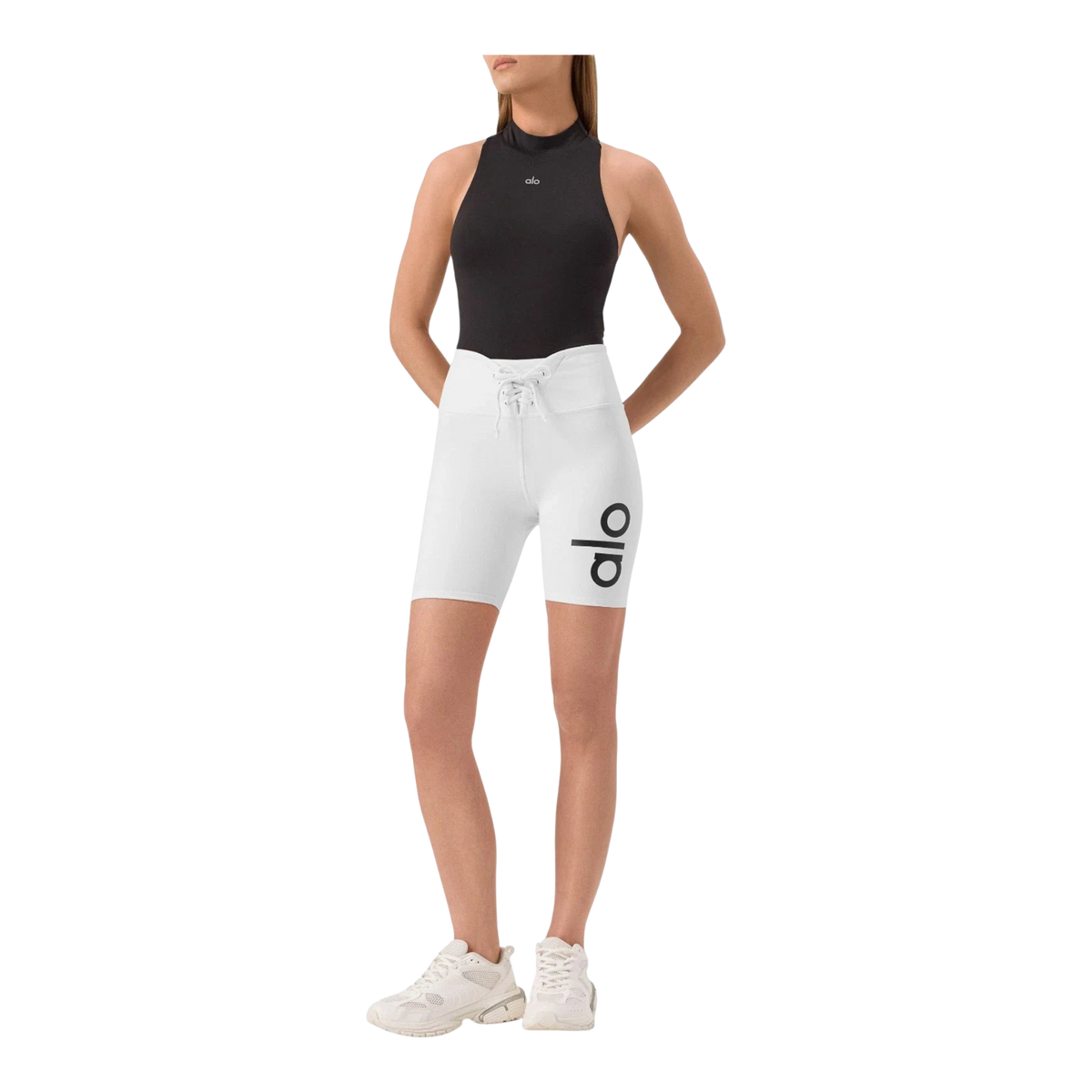Alo Yoga Yogi Biker Womens Shorts — White/Black