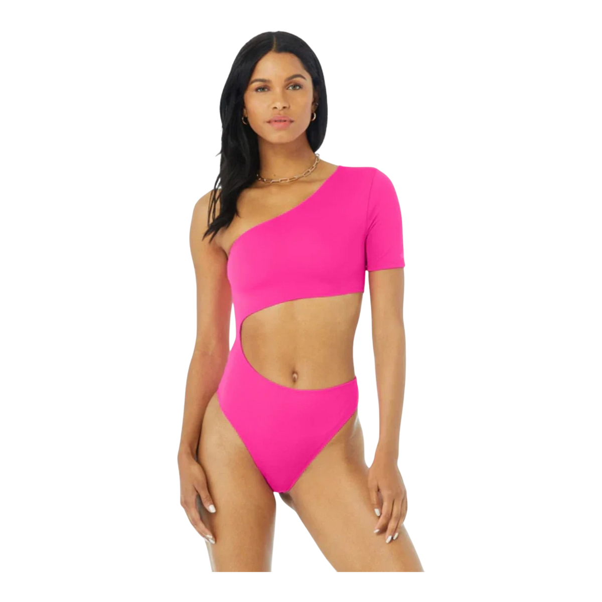 Alo Yoga Body Wave Cutout One-Shoulder Womens Bodysuits — Neon Pink