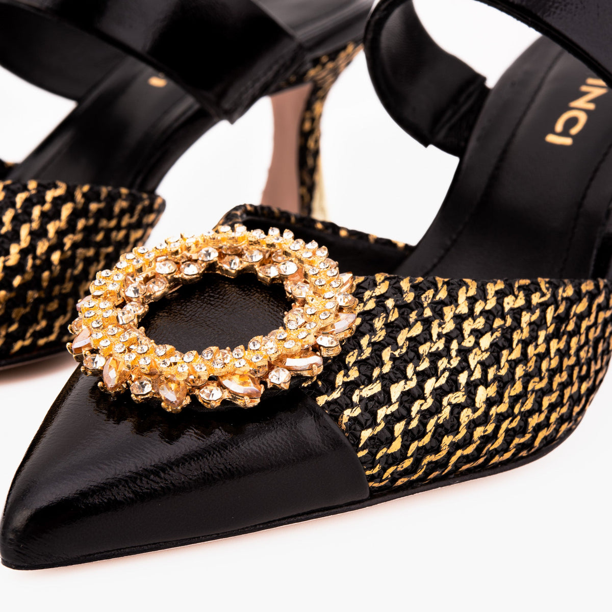 Vinci Leather The Valencia Black & Gold Jewel Heel Women Mule Sandal – product view 3