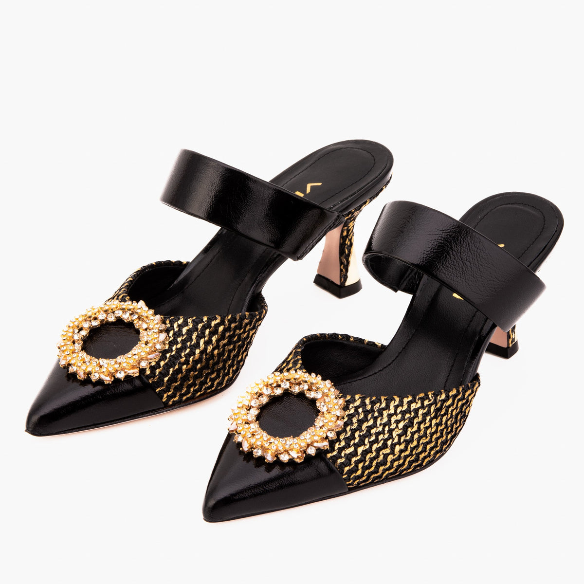 Vinci Leather The Valencia Black & Gold Jewel Heel Women Mule Sandal – product view 4