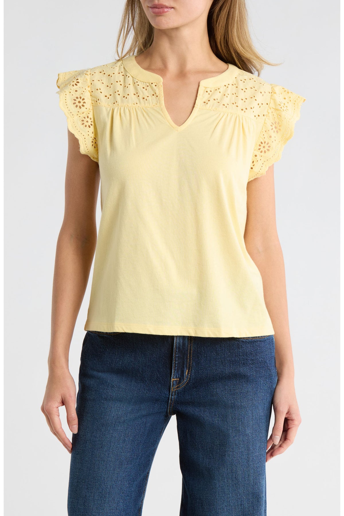 [159632-711] WOMENS LUCKY BRAND MIXED MEDIA SCHIFFLY TOP - SUNLIGHT – product view 1