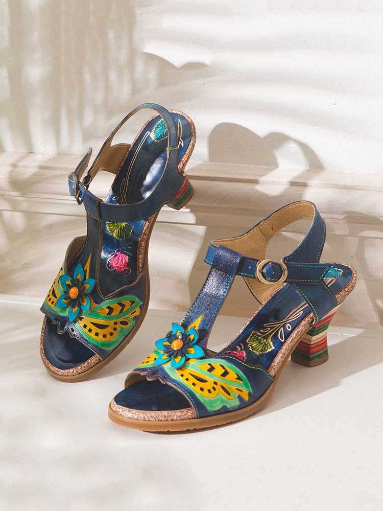 Retro Handmade Colored Stripe Heel Comfy Sandals – product view 11