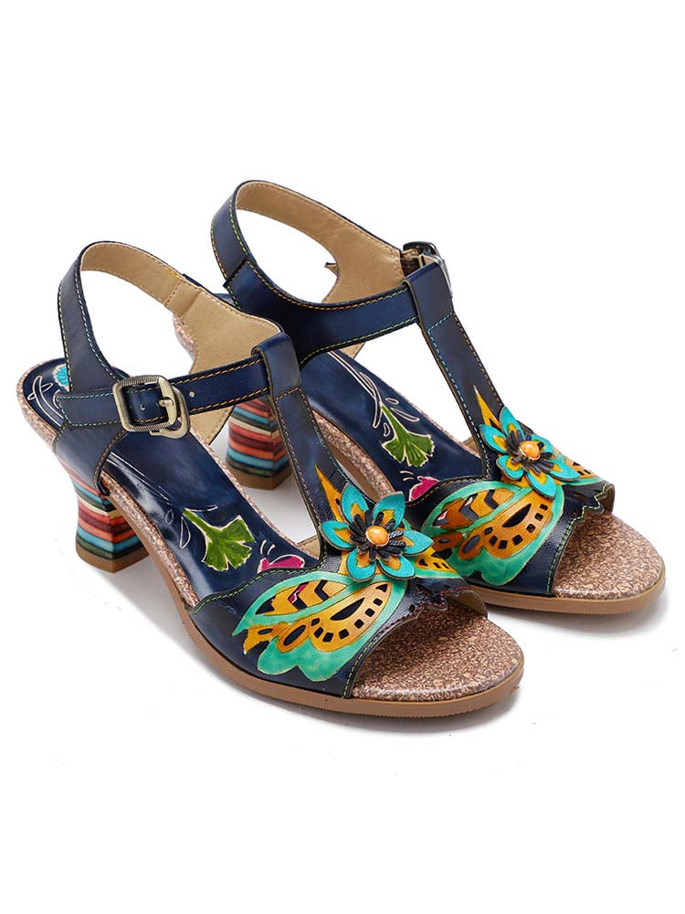 Retro Handmade Colored Stripe Heel Comfy Sandals – product view 6