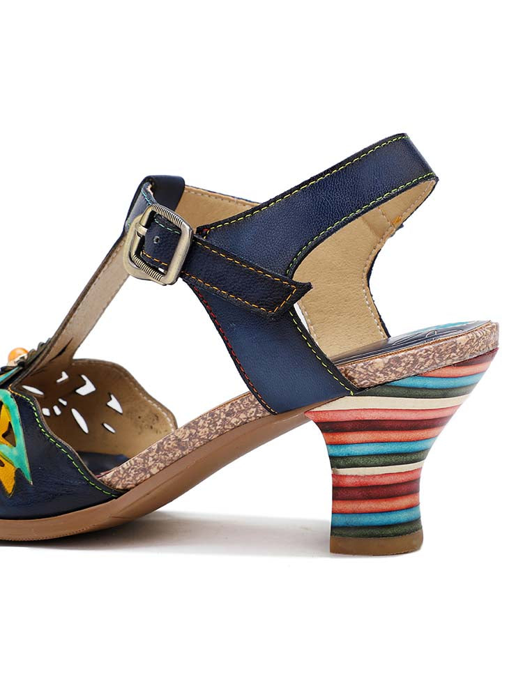 Retro Handmade Colored Stripe Heel Comfy Sandals – product view 9