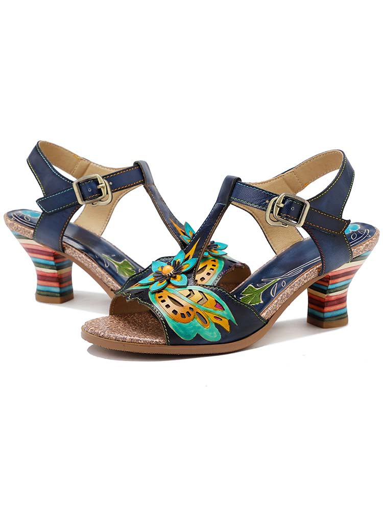 Retro Handmade Colored Stripe Heel Comfy Sandals – product view 5