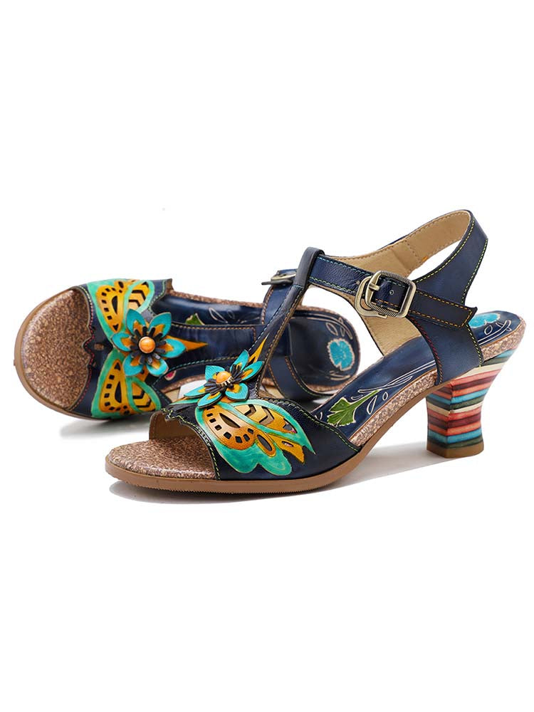 Retro Handmade Colored Stripe Heel Comfy Sandals – product view 4