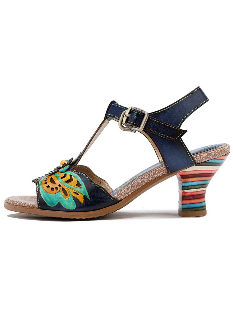 Retro Handmade Colored Stripe Heel Comfy Sandals – product view 3