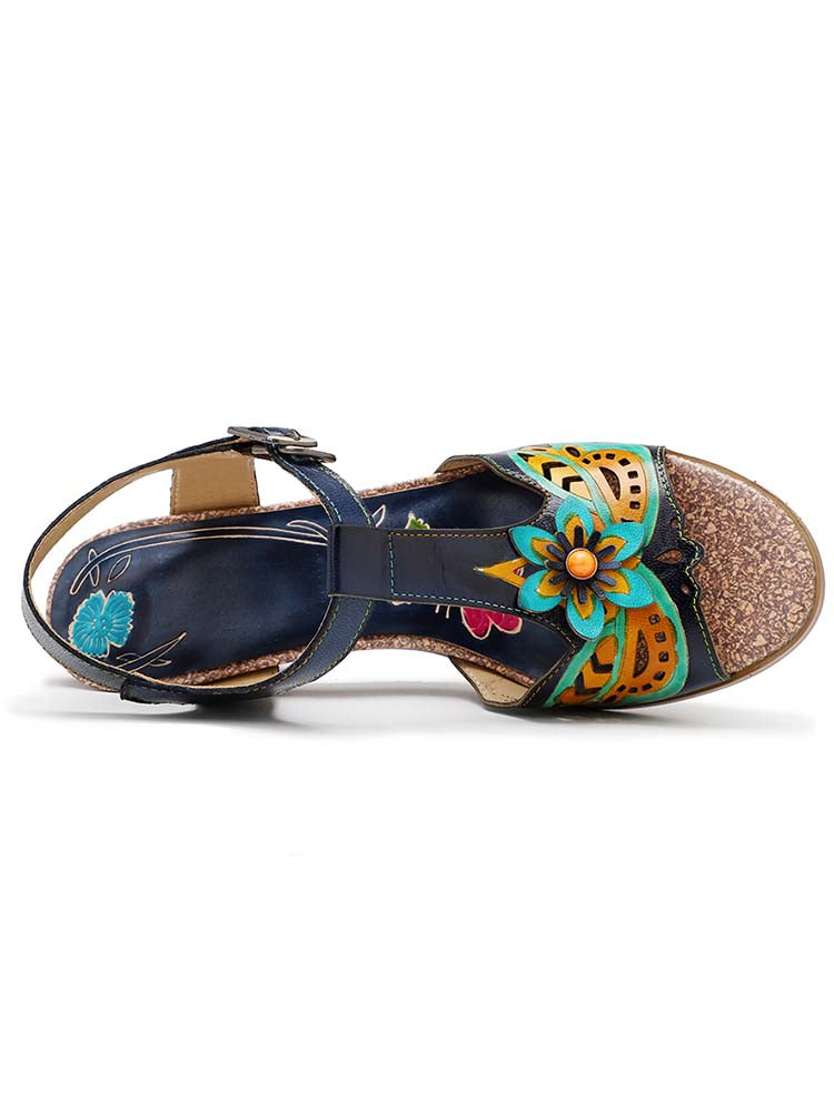 Retro Handmade Colored Stripe Heel Comfy Sandals – product view 7