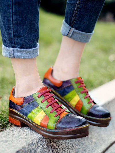 Casual Lace Up Loafers Shoes Women's Leather Comfy Flats