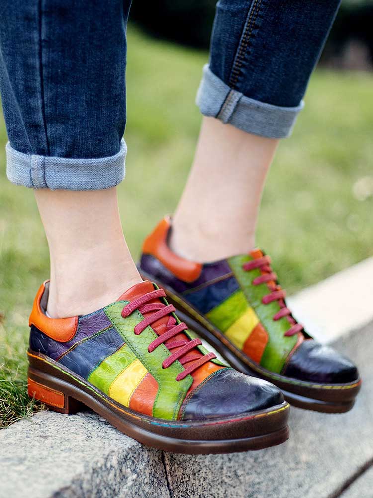 Casual Lace Up Loafers Shoes Women's Leather Comfy Flats