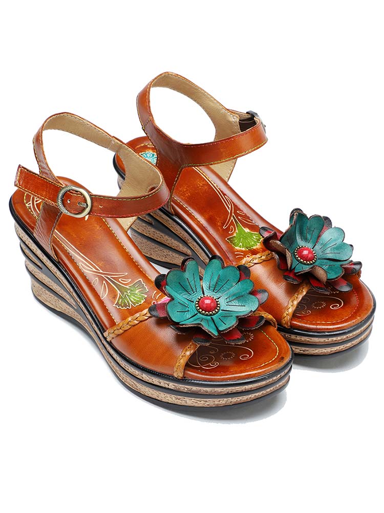 Retro Handmade Floral Wedge Sandals – product view 4
