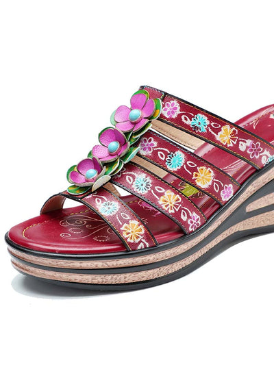 Triple Flowers Purle Wedge Slippers