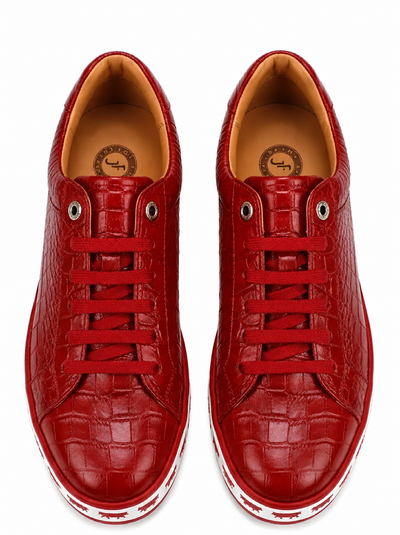 Johnny Famous Bally Style Animal Print Men's Crimson Red Gator Embossed Leather Low Top Sneakers