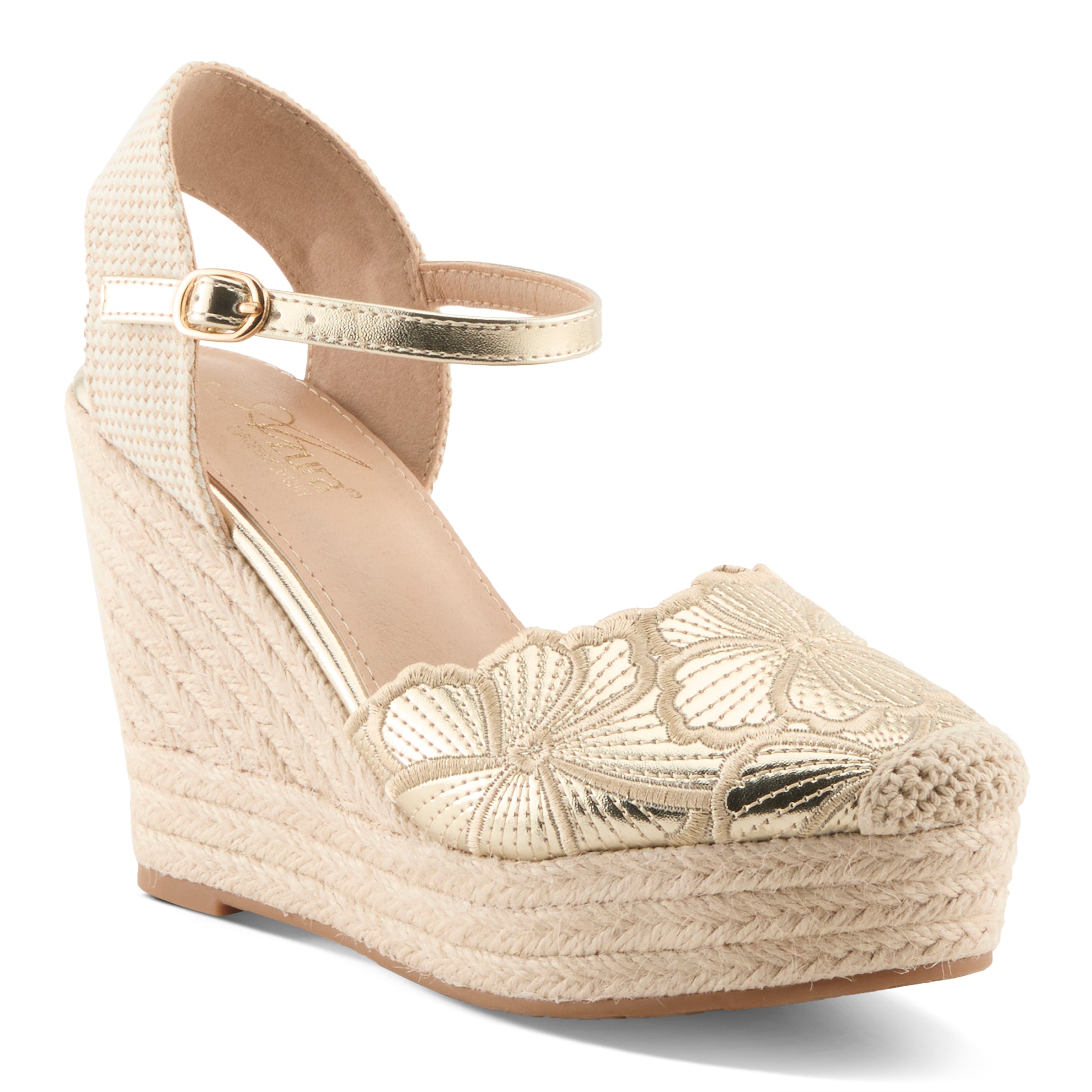 Azura Amelia Espadrilles women's wedge sandal in gold multi with buckle detail
