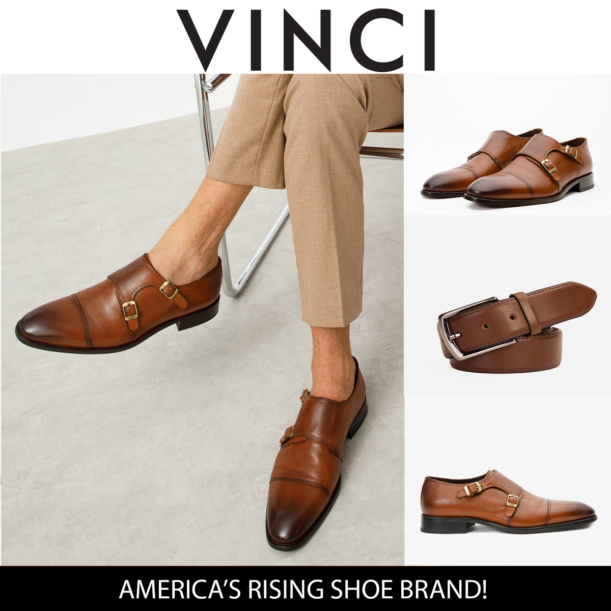 Vinci Leather The Essen Brown Cap Toe Double Monk Strap Men Shoe – product view 3