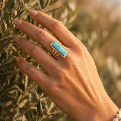 Aztec Blue Turquoise Golden Statement Ring