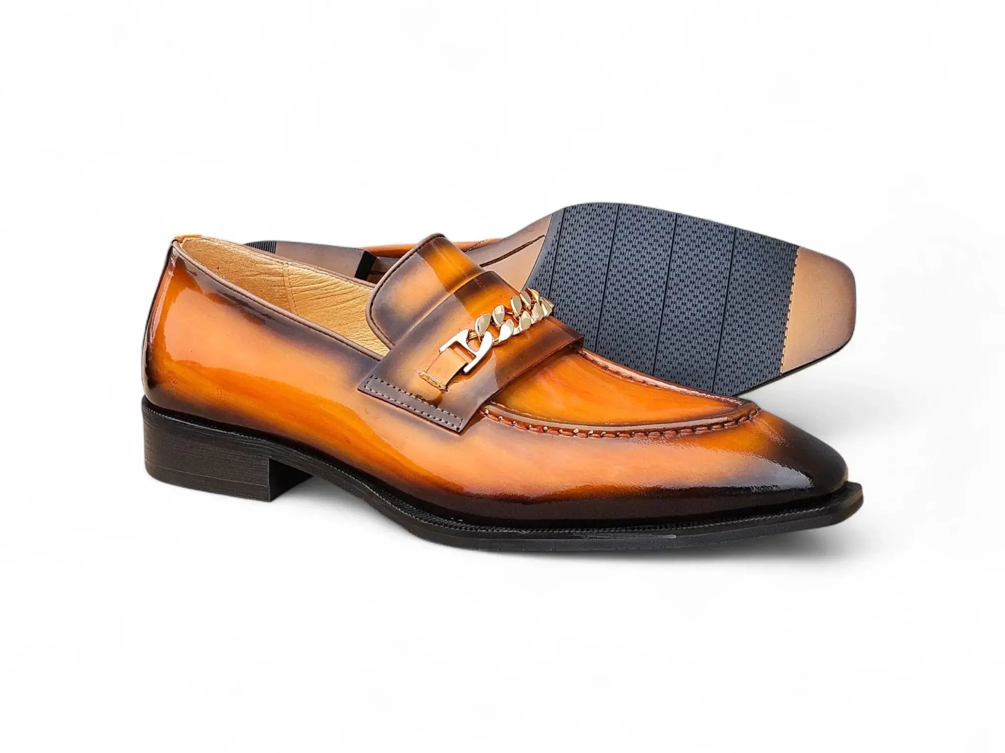 Carrucci Shoes Ks Amber Patent Leather Chain Loafer Patent Leather Amber KS303 06P back view