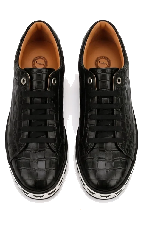 Johnny Famous Bally Animal Style Men's Onyx Black Gator Embossed Leather Low Top Sneakers