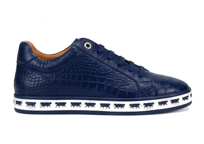 Johnny Famous Bally Animal Style Men's Navy Blue Gator Embossed Leather Low Top Sneakers