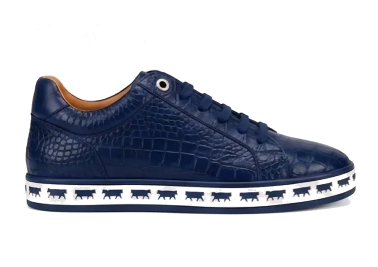 Johnny Famous Bally Animal Style Men's Navy Blue Gator Embossed Leather Low Top Sneakers
