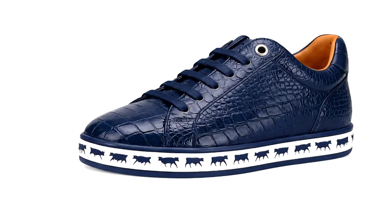 Johnny Famous Bally Animal Style Men's Navy Blue Gator Embossed Leather Low Top Sneakers