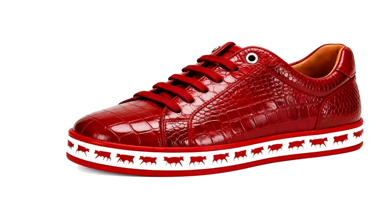 Johnny Famous Bally Animal Style Men's Crimson Red Gator Embossed Leather Low Top Sneakers