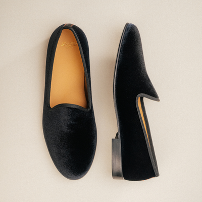 Del Toro Shoes Men's Black Velvet Slipper II With Black Grosgrain Stripe