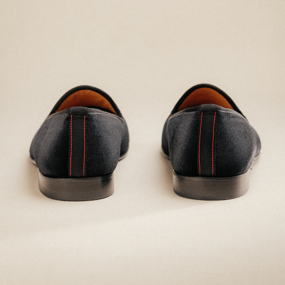 Del Toro Shoes Men's Black Velvet Slipper II With Black Grosgrain Stripe