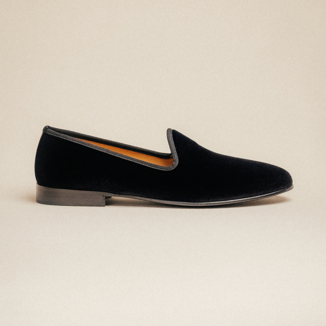 Del Toro Shoes Men's Black Velvet Slipper II With Black Grosgrain Stripe