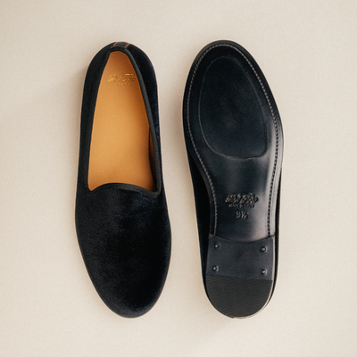 Del Toro Shoes Men's Black Velvet Slipper II With Black Grosgrain Stripe