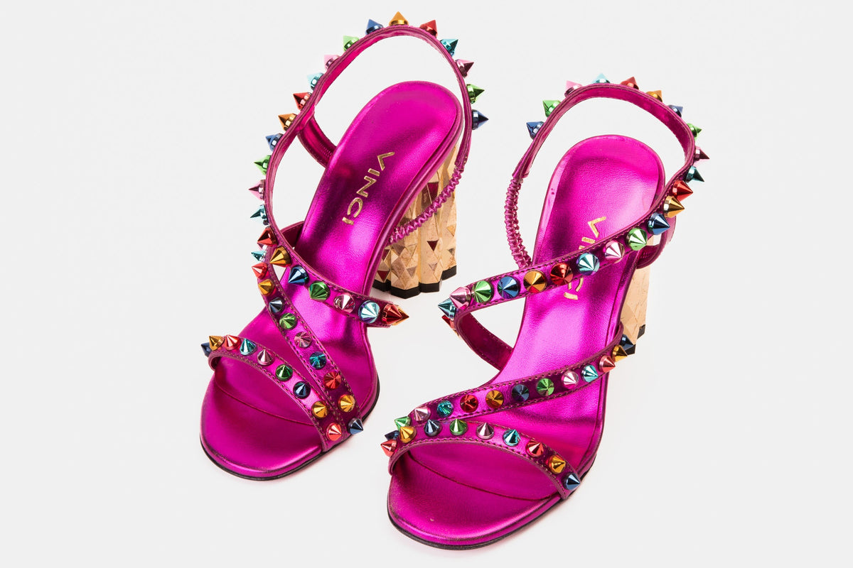 Vinci Leather The Caris Fuchsia Block Heel Spike Leather Women Sandal Final Sale! – product view 8