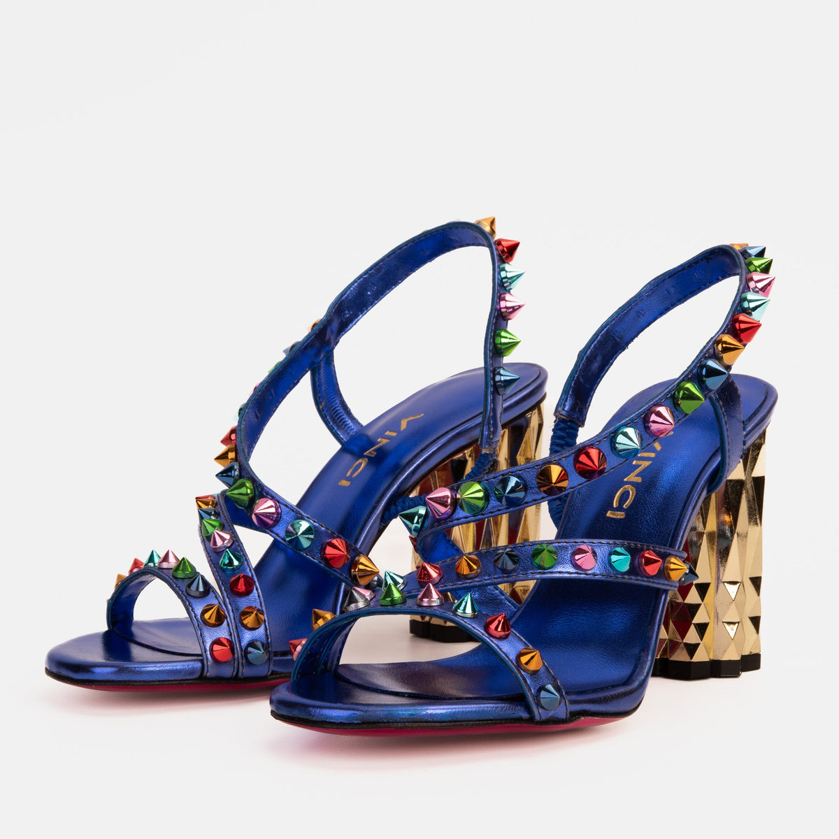 Vinci Leather The Caris Sax Blue Block Heel Spike Leather Women Sandal Final Sale! – product view 2
