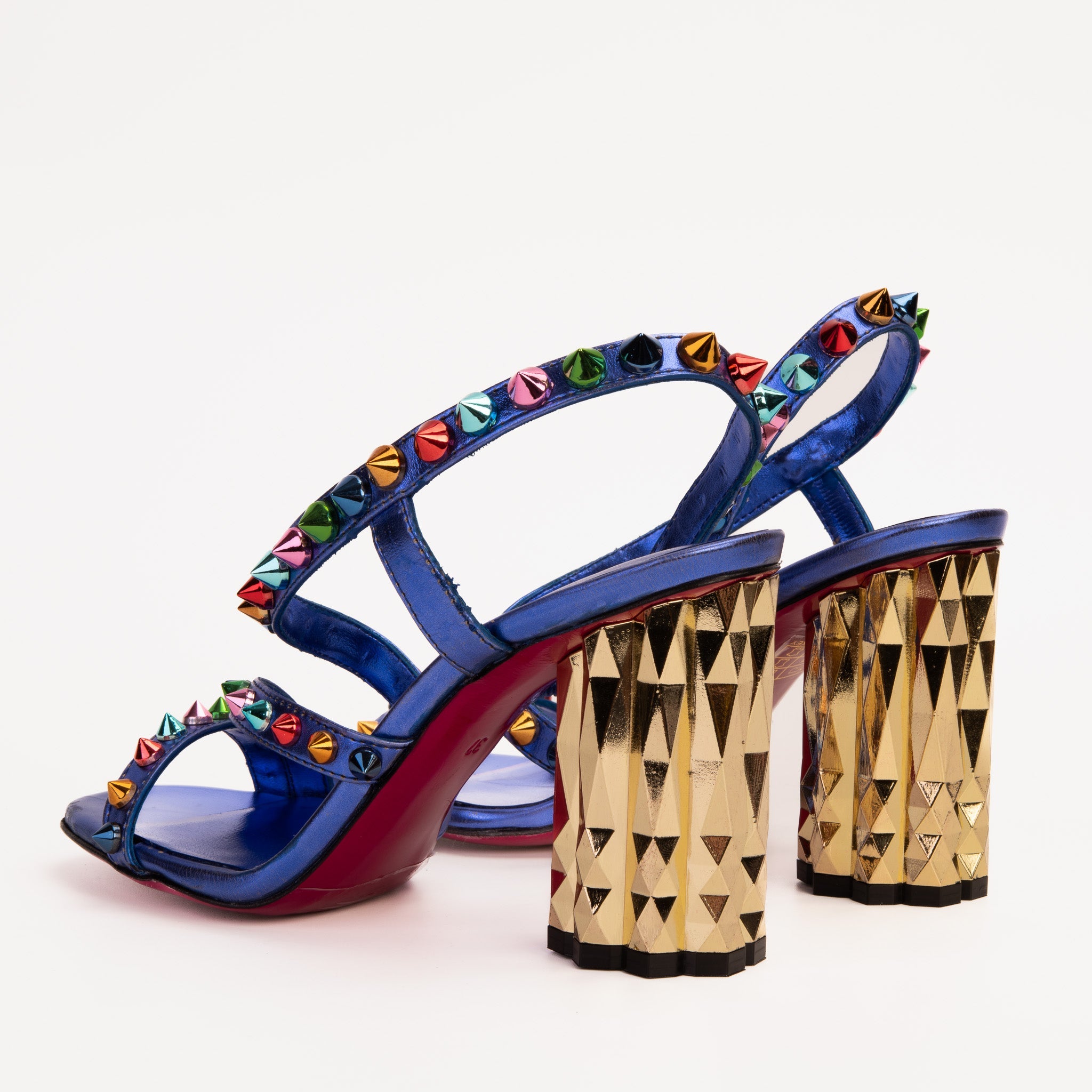 The Caris Sax Blue Block Heel Spike Leather Women Sandal Final Sale!