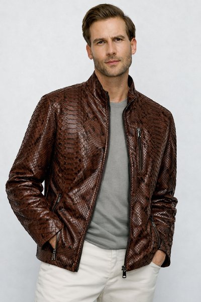 The Boss Pythn Dark Brown Leather Men Jacket Exclusive Limited Edition