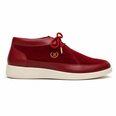 Johnny Famous Bally Style Central Park Men's Red Nappa Leather and Suede High Top Sneakers