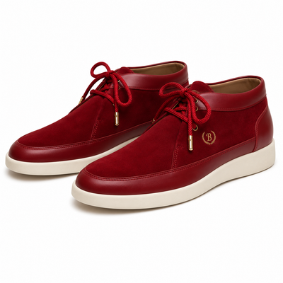 Johnny Famous Bally Style Central Park Men's Red Nappa Leather and Suede High Top Sneakers