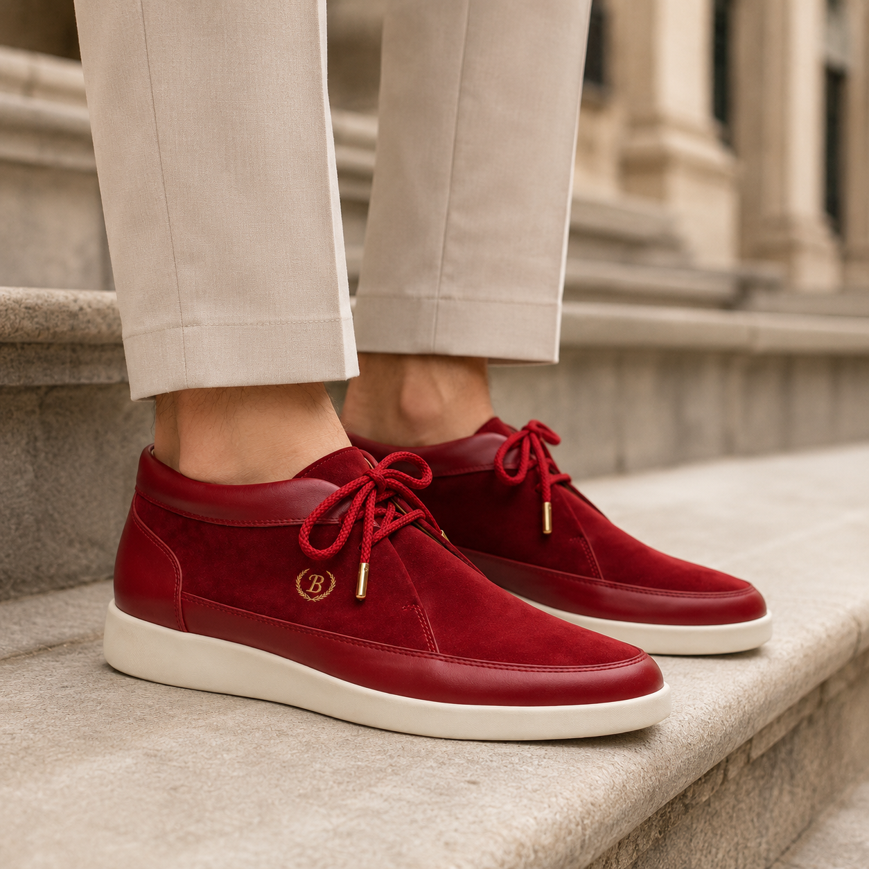 Johnny Famous Bally Style Central Park Men's Red Nappa Leather and Suede High Top Sneakers