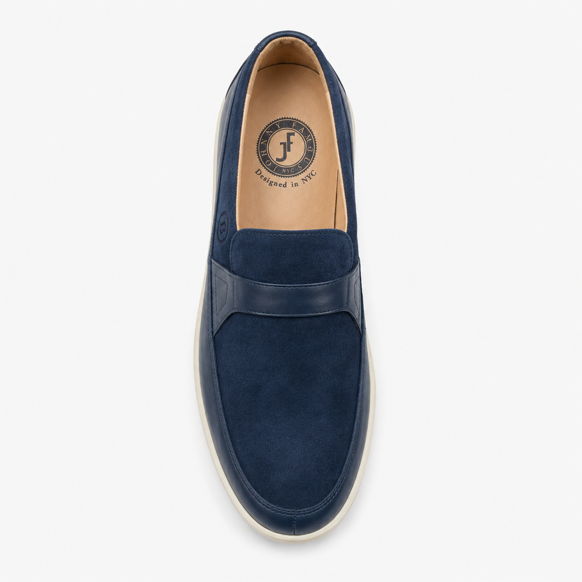 Johnny Famous Tribeca Men's Navy Suede and Leather Slip-On Sneakers | Retro Bally-Inspired – Back View