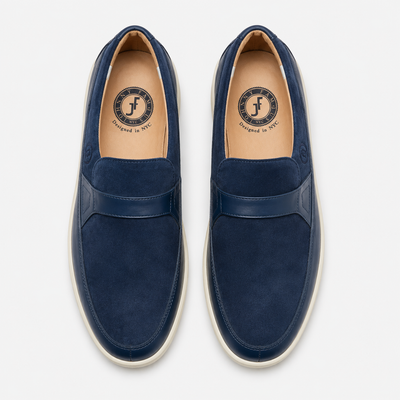 Johnny Famous Tribeca Men's Navy Suede & Leather Slip-On Sneakers | Retro Bally-Inspired
