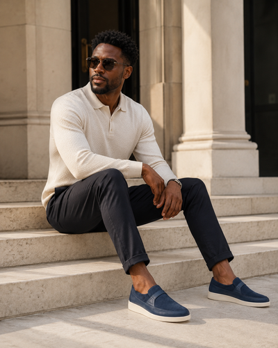 Johnny Famous Tribeca Men's Navy Suede & Leather Slip-On Sneakers | Retro Bally-Inspired