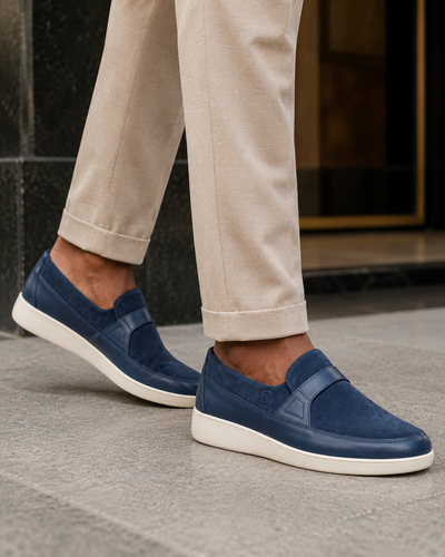 Johnny Famous Tribeca Men's Navy Suede & Leather Slip-On Sneakers | Retro Bally-Inspired