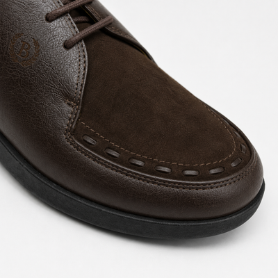 Johnny Famous Delancey Men's Cafe Brown Leather & Suede Low-Top Sneakers | Retro Bally-Inspired – Detail Close-Up