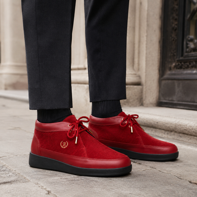 Johnny Famous Central Park Men's Red & Black Nappa Leather & Suede High-Top Sneakers | Retro Bally-Inspired