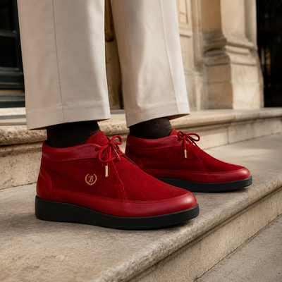 Johnny Famous Central Park Men's Red & Black Nappa Leather & Suede High-Top Sneakers | Retro Bally-Inspired
