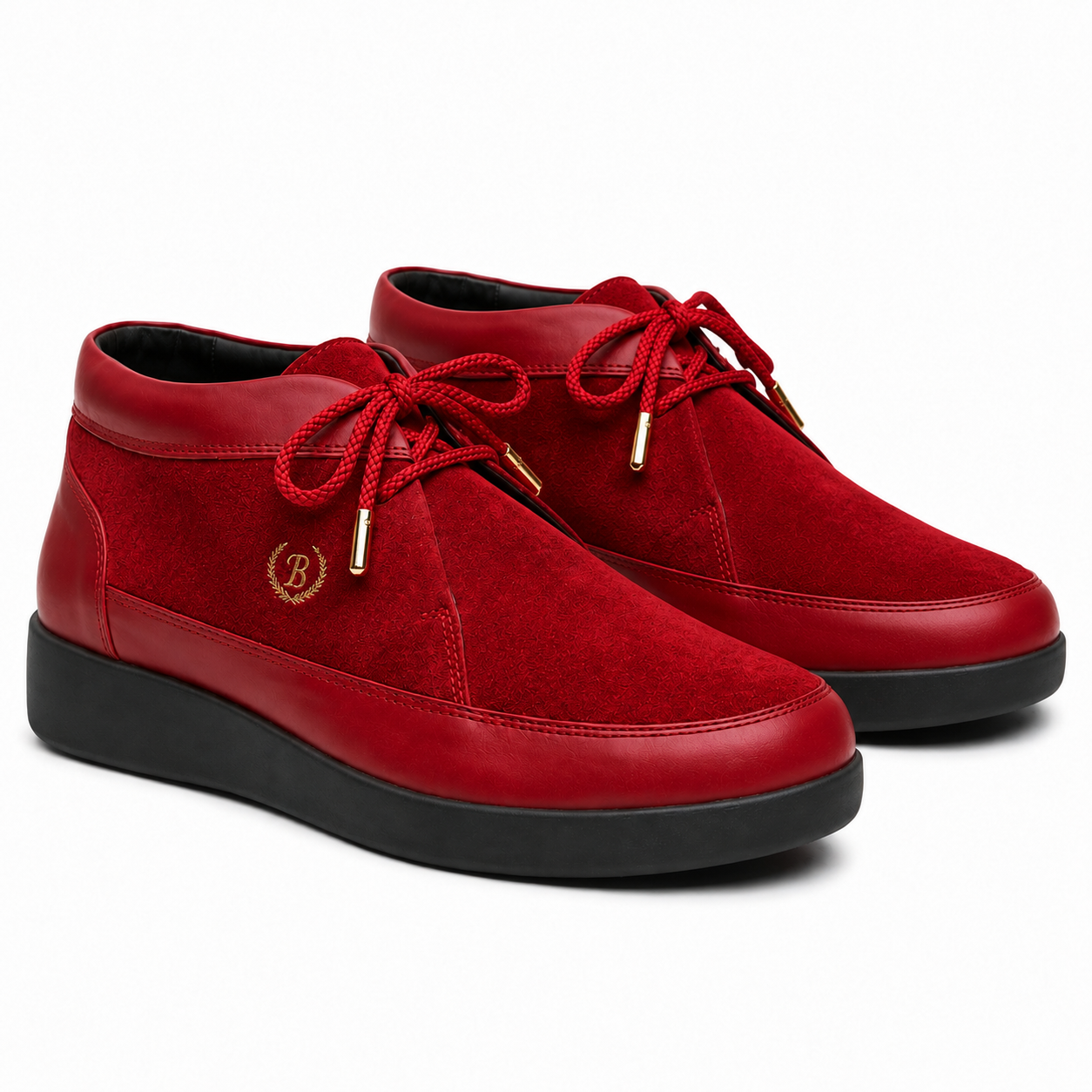 Johnny Famous Bally Style Central Park Men's Red Nappa Leather and Suede High Top Sneakers with Black Sole