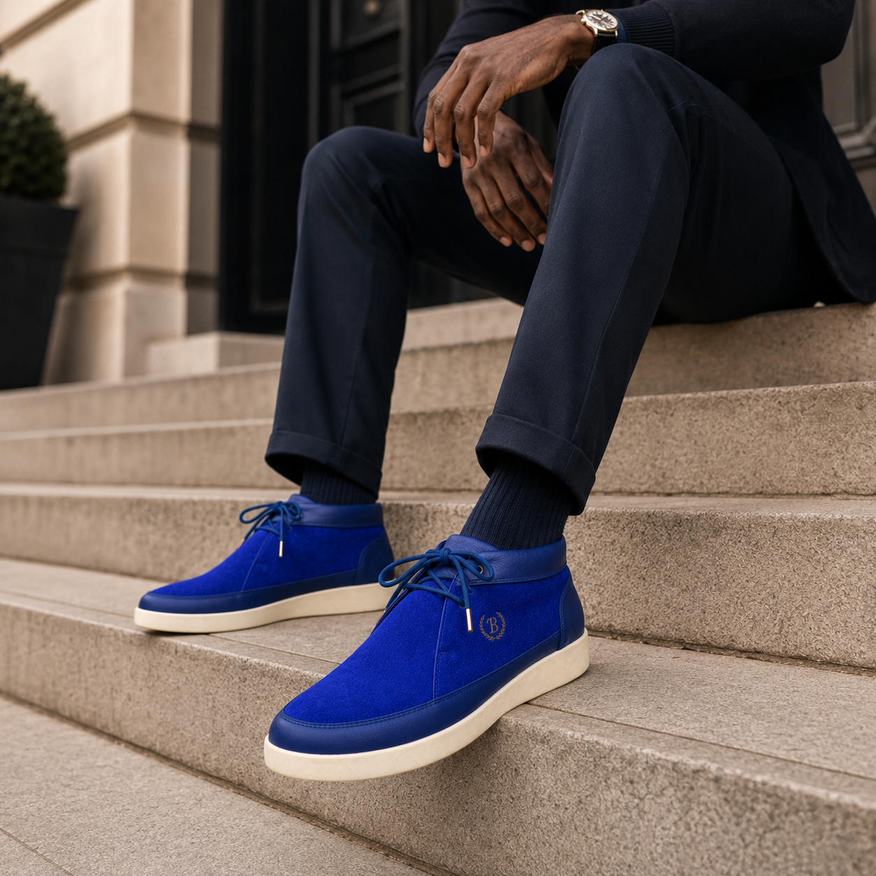 Johnny Famous Central Park Men's Deep Navy Nappa Leather & Suede High-Top Sneakers | Retro Bally-Inspired
