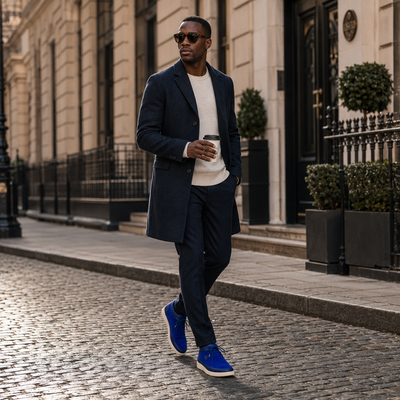 Johnny Famous Central Park Men's Deep Navy Nappa Leather & Suede High-Top Sneakers | Retro Bally-Inspired